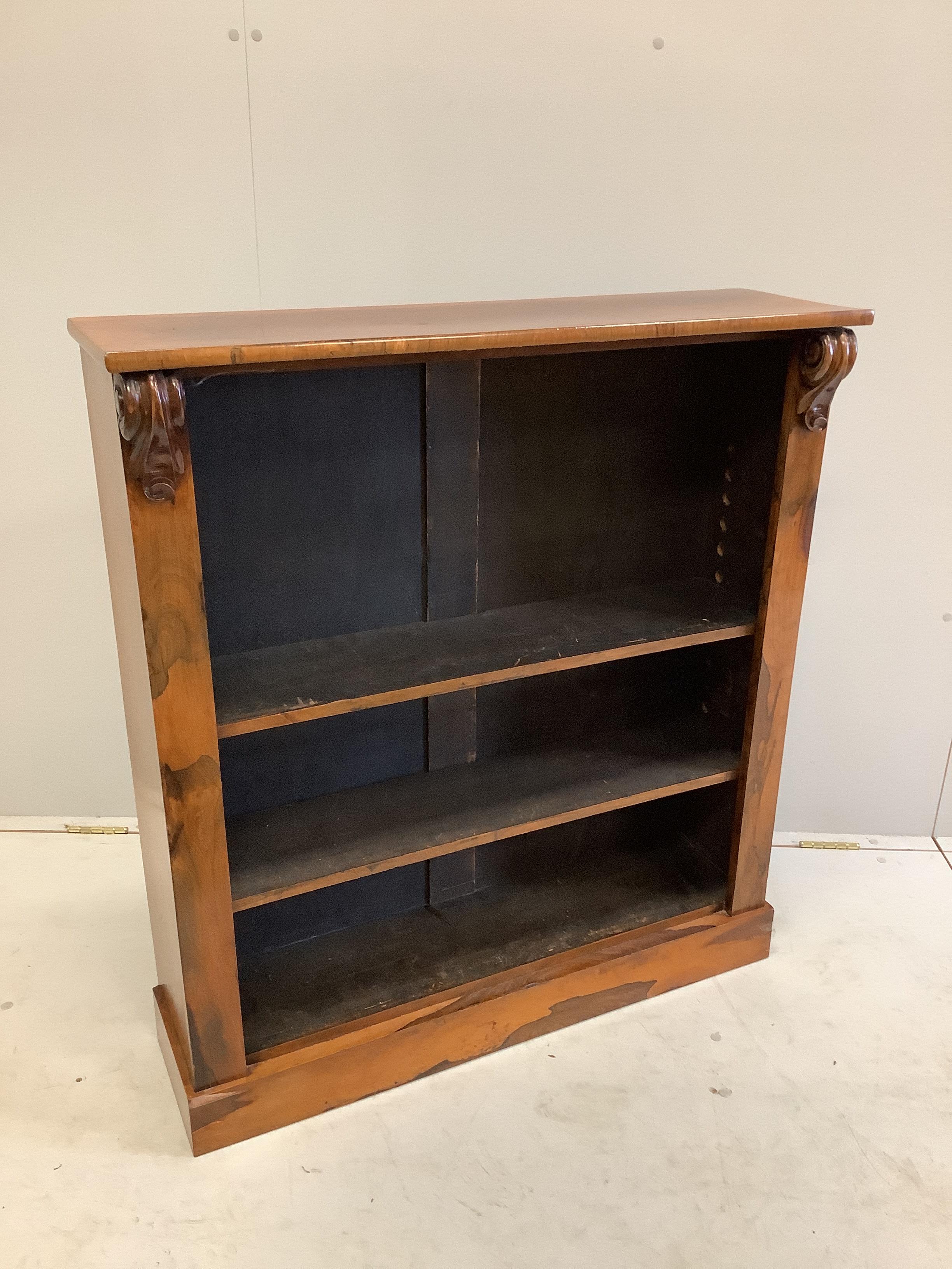 A Victorian rosewood open bookcase, width 91cm, depth 27cm, height 102cm